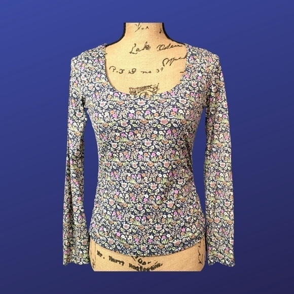LIZ CLAIBORNE Pull-On Scoop Neck Top, Long Sleeve, NAVY FLORAL, Size SMALL, EUC - Picture 1 of 8
